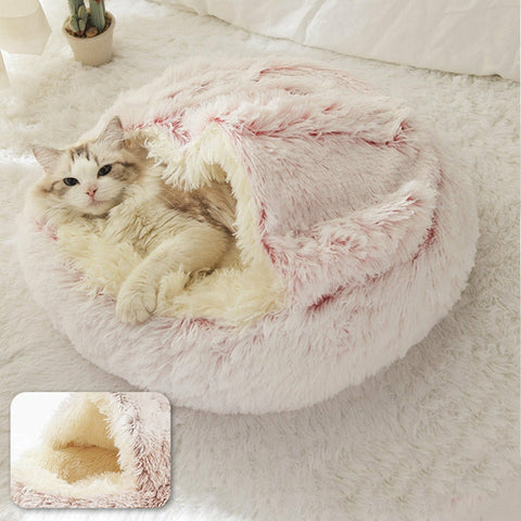 Pet Dog Cat Bed Round Plush Cat Warm Bed House Soft Long Plush Bed For