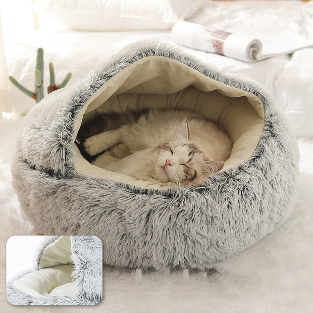 Pet Dog Cat Bed Round Plush Cat Warm Bed House Soft Long Plush Bed For