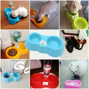 Dog Cat Food Dish + Drinking Water Double Bowls Automatic Water