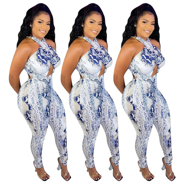 Women Clothing  Sexy Snakeskin Pattern Road Halter Jumpsuit   Women