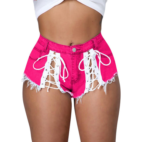 Women  Clothing   Lace-up Micro Tassel Denim Hot Pants Summer   Women