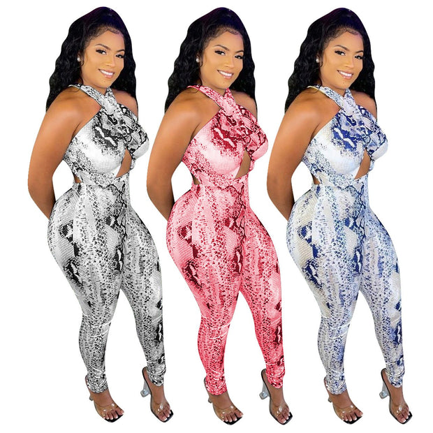 Women Clothing  Sexy Snakeskin Pattern Road Halter Jumpsuit   Women