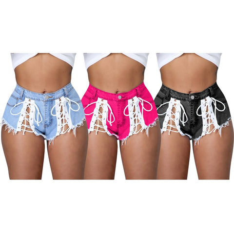 Women  Clothing   Lace-up Micro Tassel Denim Hot Pants Summer   Women