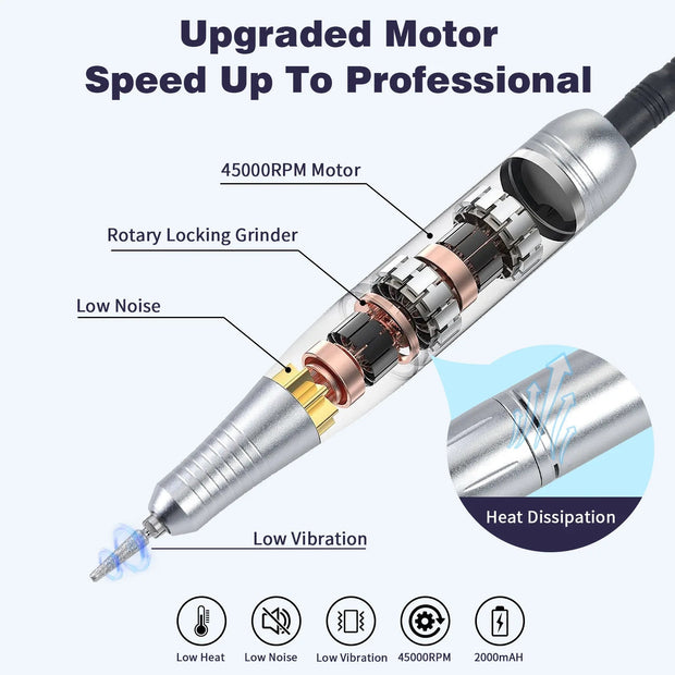 45000RPM Nail Drill Machine Kit Rechargeable